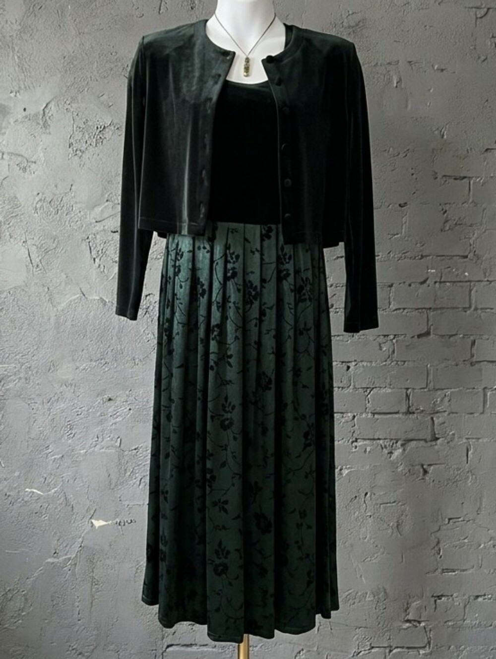 Vtg 90s 2-Piece Formal Emerald Green Velvet Floral Dress + Cropped Jacket Sz 12